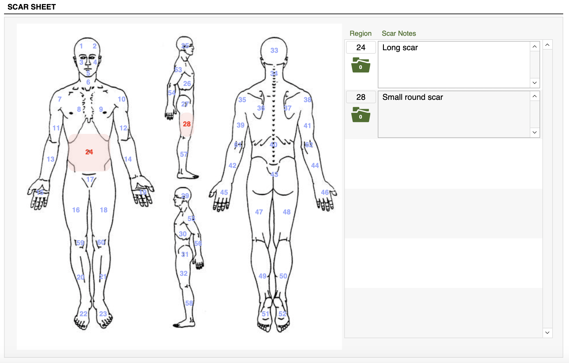 Condor Outcomes Scar Sheet — anonymous body map with region notes